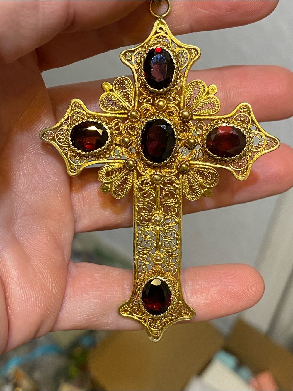 Vintage Gilt Sterling Silver Red Garnet Large Cross Pendant 925 - Picture 13 of 15